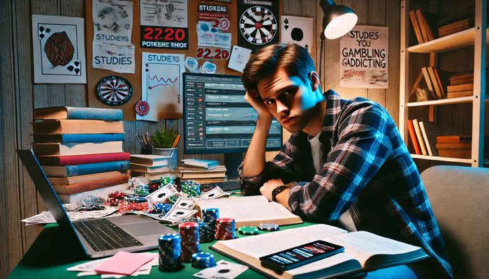 joven estudiante en su habitacion rodeado de libros de apuestas y papeles con calculos. Hay un mac encendido en la mesa